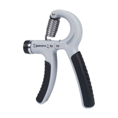 Adjustable hand grip strengthener in grey with black ribbed rubber grips