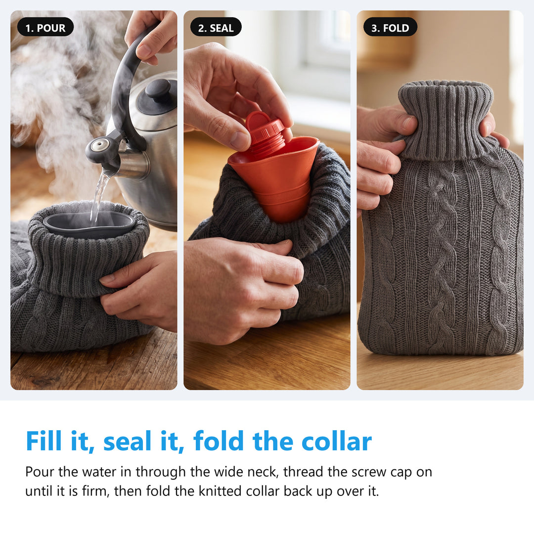 Filling a hot water bottle, pouring from a kettle, threading the screw cap on and folding the knitted collar back up