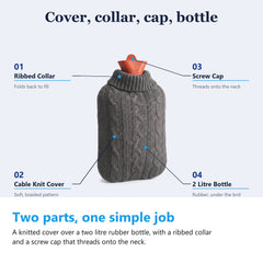 Hot water bottle parts, ribbed collar, cable knit cover, screw cap and the 2 litre rubber bottle
