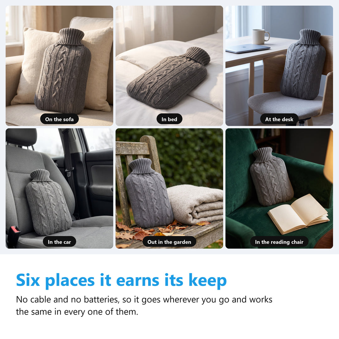 Hot water bottle with knitted cover used on a sofa, in bed, at a desk, in a car, in the garden and in a reading chair