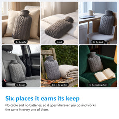 Hot water bottle with knitted cover used on a sofa, in bed, at a desk, in a car, in the garden and in a reading chair