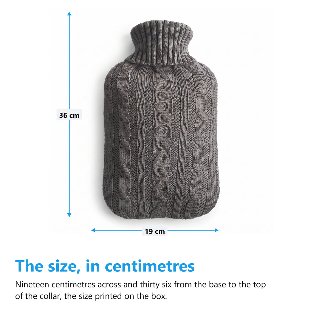 Hot water bottle measurements, 19cm across and 36cm from the base to the top of the collar