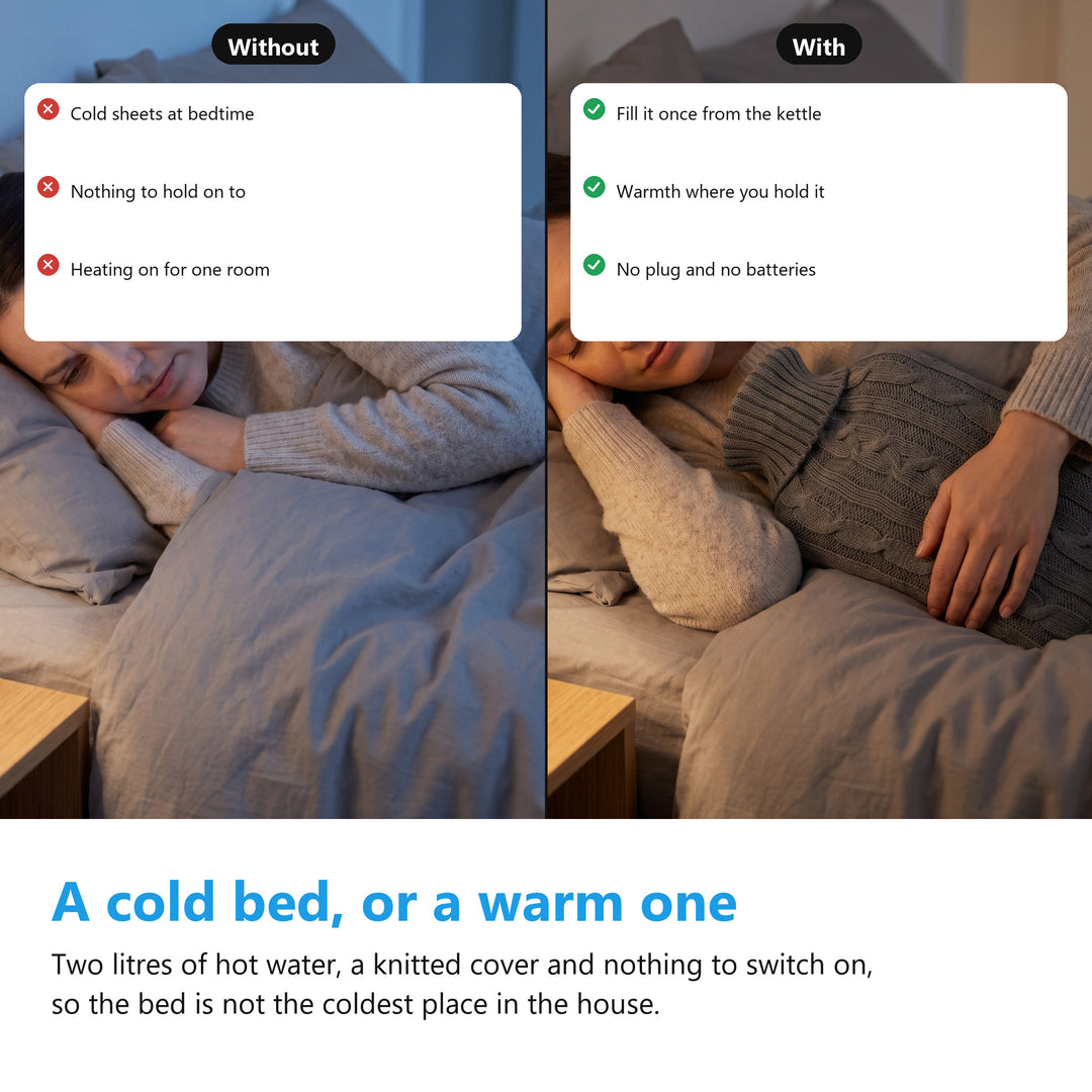 A cold bed without a hot water bottle next to the same bed with a knitted hot water bottle