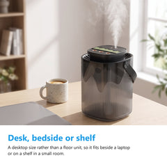 Air humidifier on a desk beside a laptop and a mug