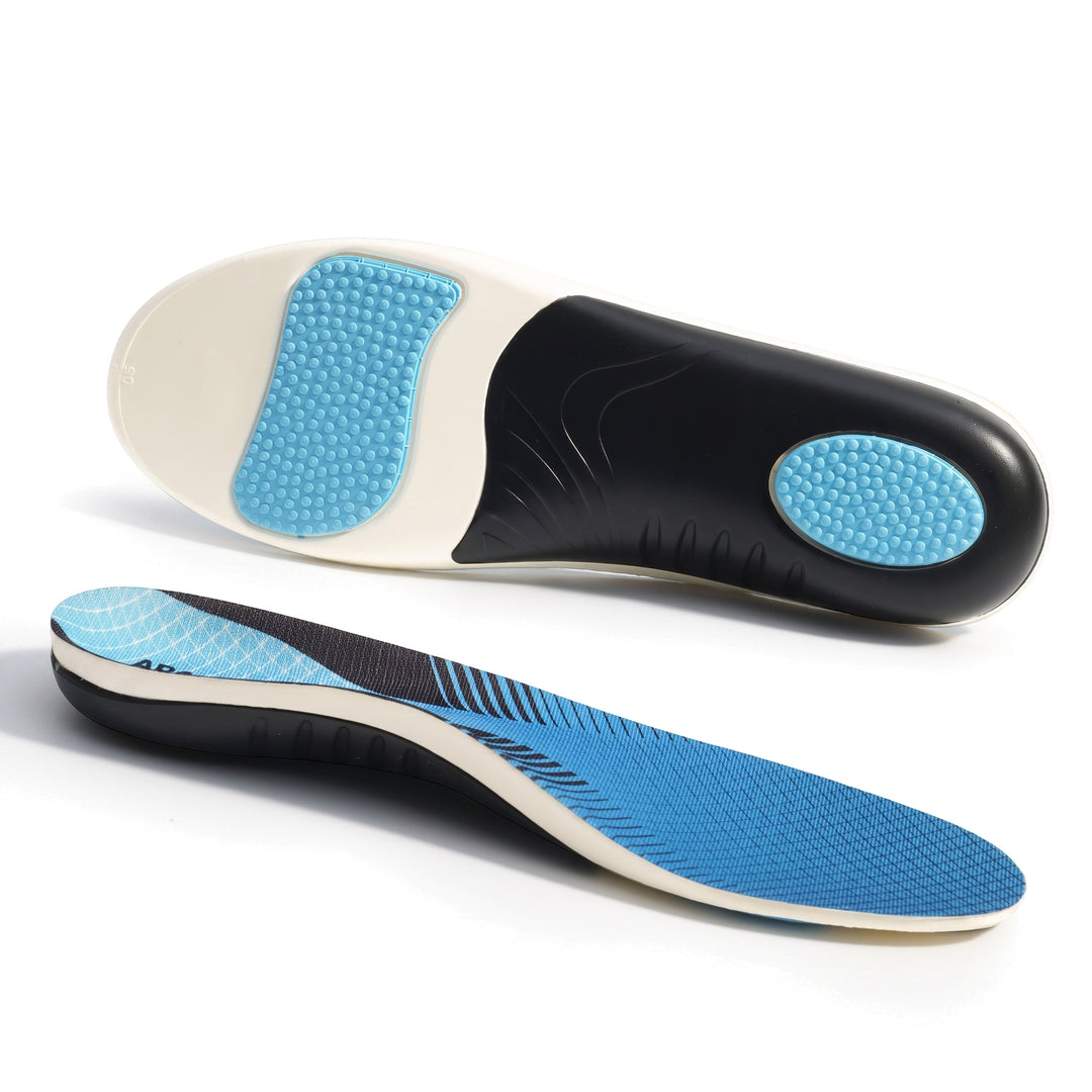Pair of blue and black EVA arch support insoles on a white background, top and underside