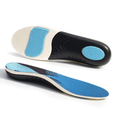 Pair of blue and black EVA arch support insoles on a white background, top and underside