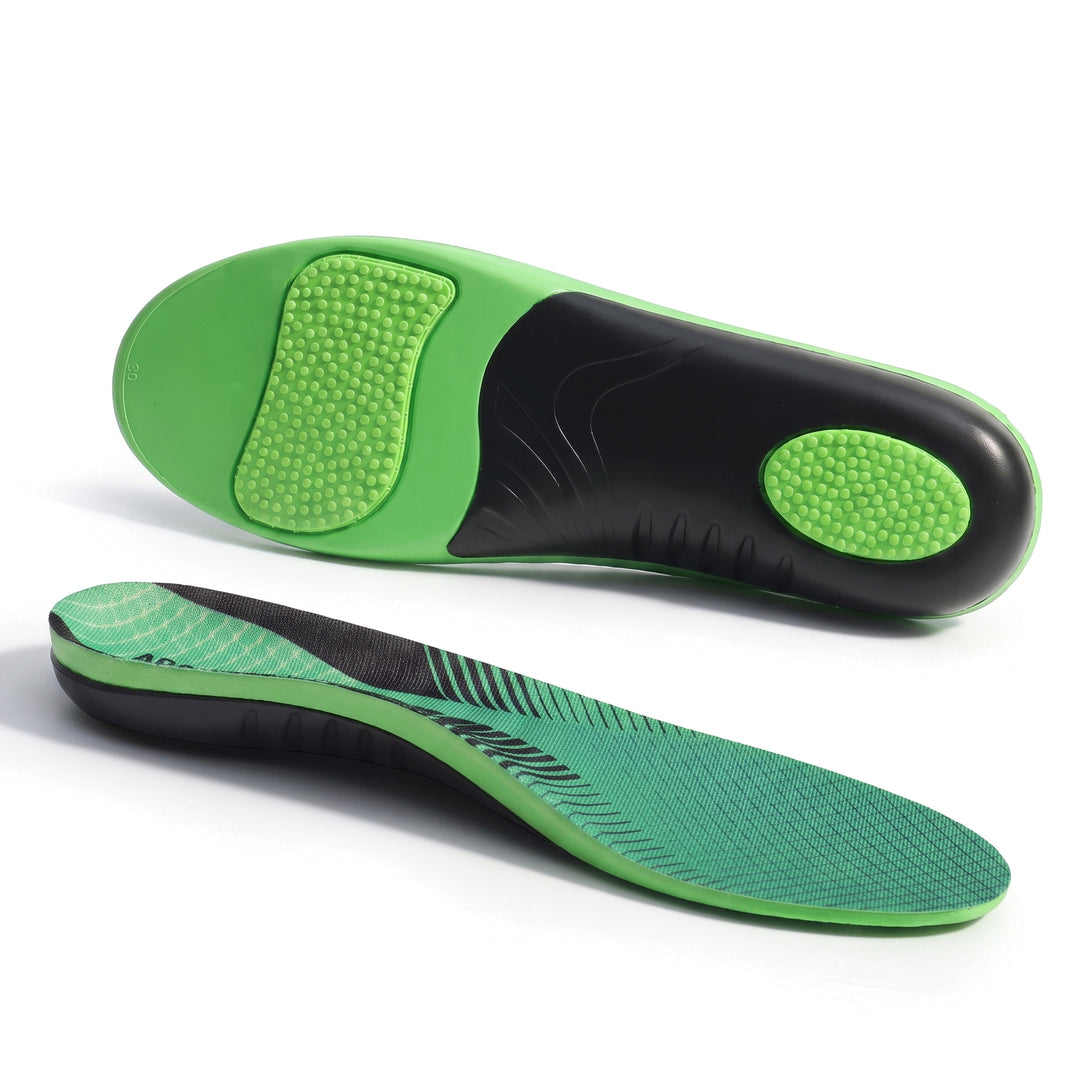 Pair of green and black EVA arch support insoles on a white background, top and underside