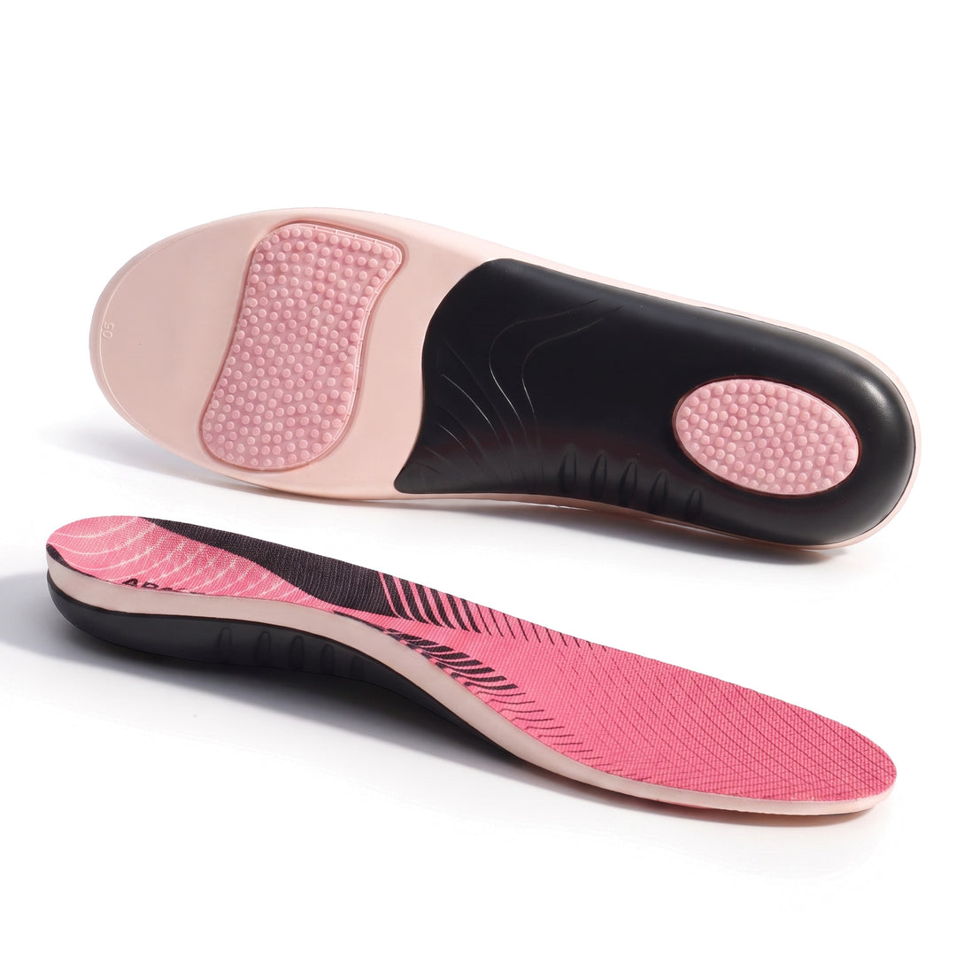 Pair of pink and black EVA arch support insoles on a white background, top and underside