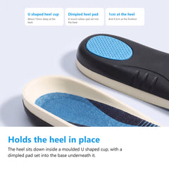 Close photograph of the heel end of an arch support insole showing the U shaped cream EVA cup with the knit lining inside it, and a second insole turned over showing the round dimpled heel pad set into the base
