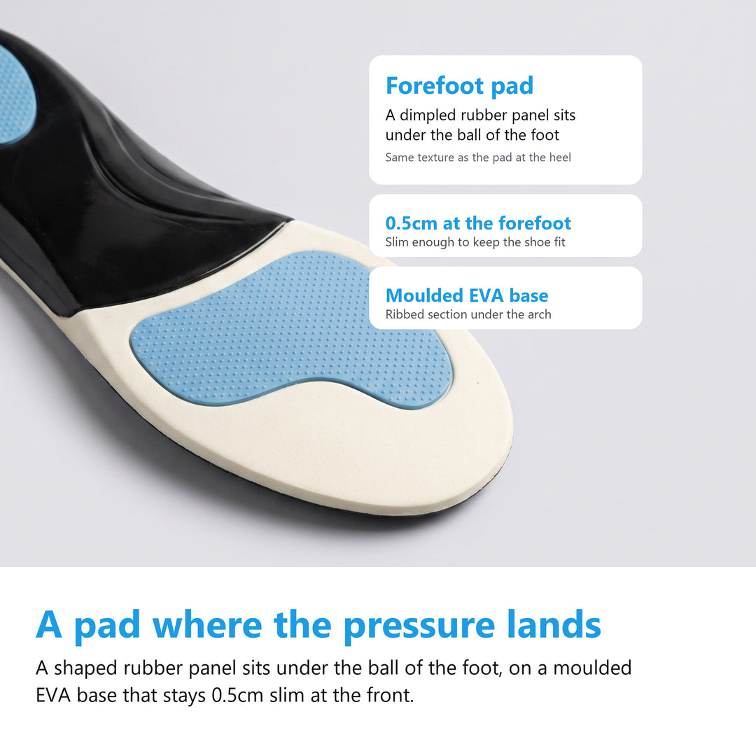 Underside of an arch support insole showing the textured forefoot pad