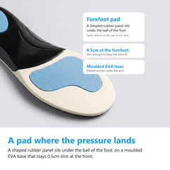 Underside of an arch support insole showing the textured forefoot pad