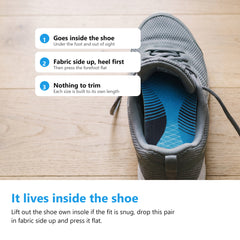 Blue arch support insole fitted inside a grey lace up trainer