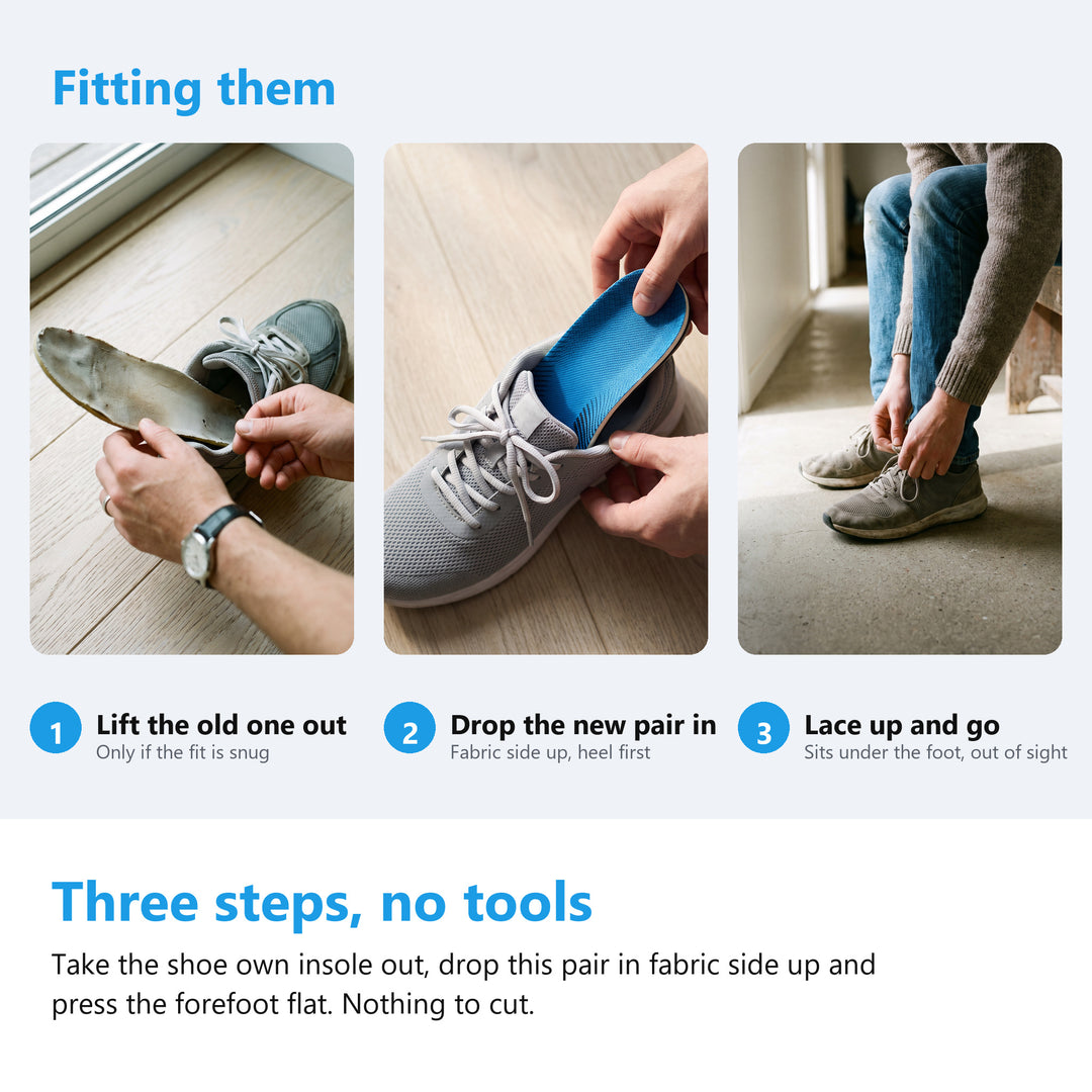 Three steps for fitting an arch support insole inside a lace up trainer