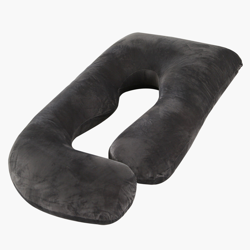 J shaped pregnancy pillow in dark grey crystal velvet, seen from above