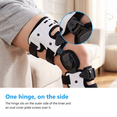 The side hinge of a white hinged knee brace magnified to show the pivot screw and the oval cover plate