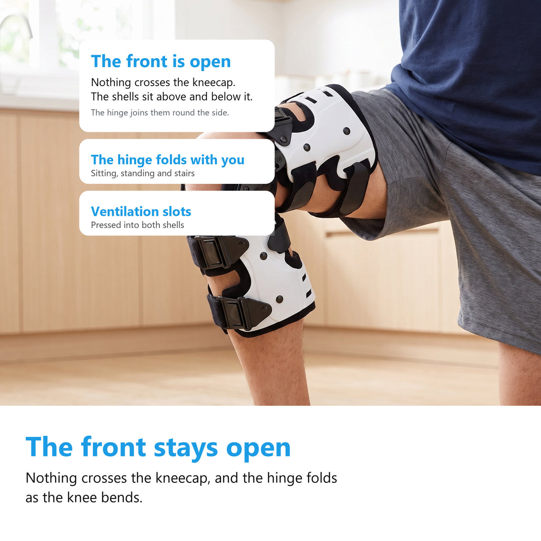 A seated man with his knee bent wearing a white hinged knee brace, the hinge folded and the kneecap uncovered