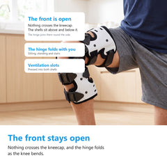 A seated man with his knee bent wearing a white hinged knee brace, the hinge folded and the kneecap uncovered