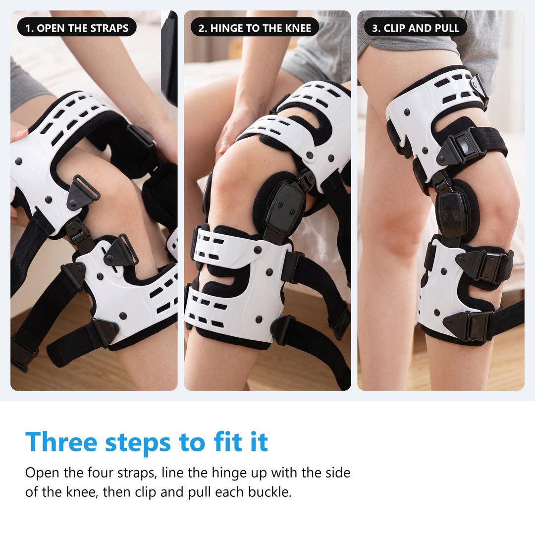 Three steps for fitting the hinged knee brace, opening the straps, lining the hinge up with the knee and clipping the buckles