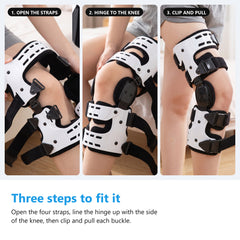 Three steps for fitting the hinged knee brace, opening the straps, lining the hinge up with the knee and clipping the buckles