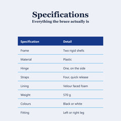 Specification table for the hinged knee brace listing frame, material, hinge, straps, lining, weight, colours and fitting
