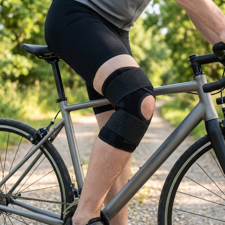Adjustable knee brace worn on the bike