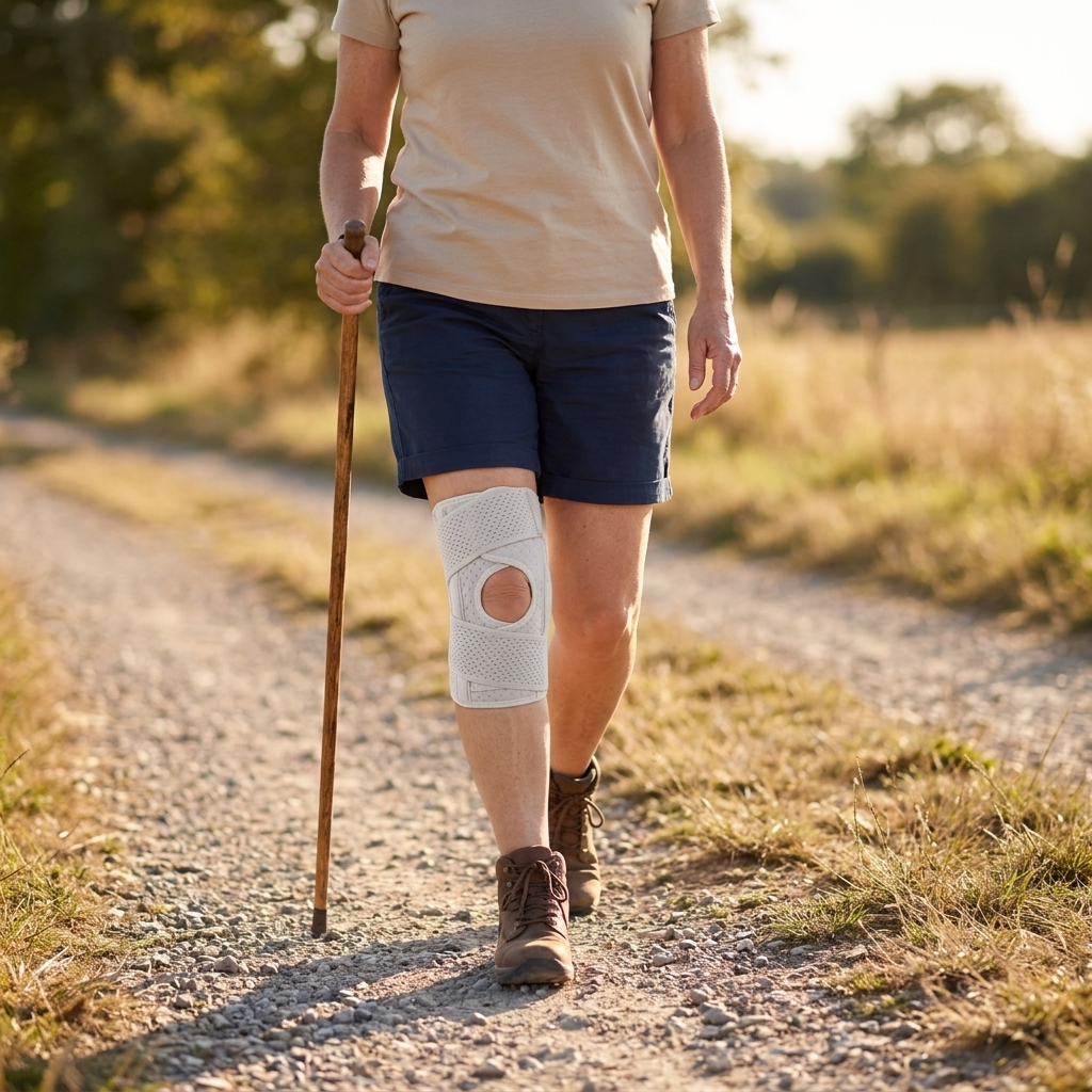 Knee compression wrap in white on a walking trail