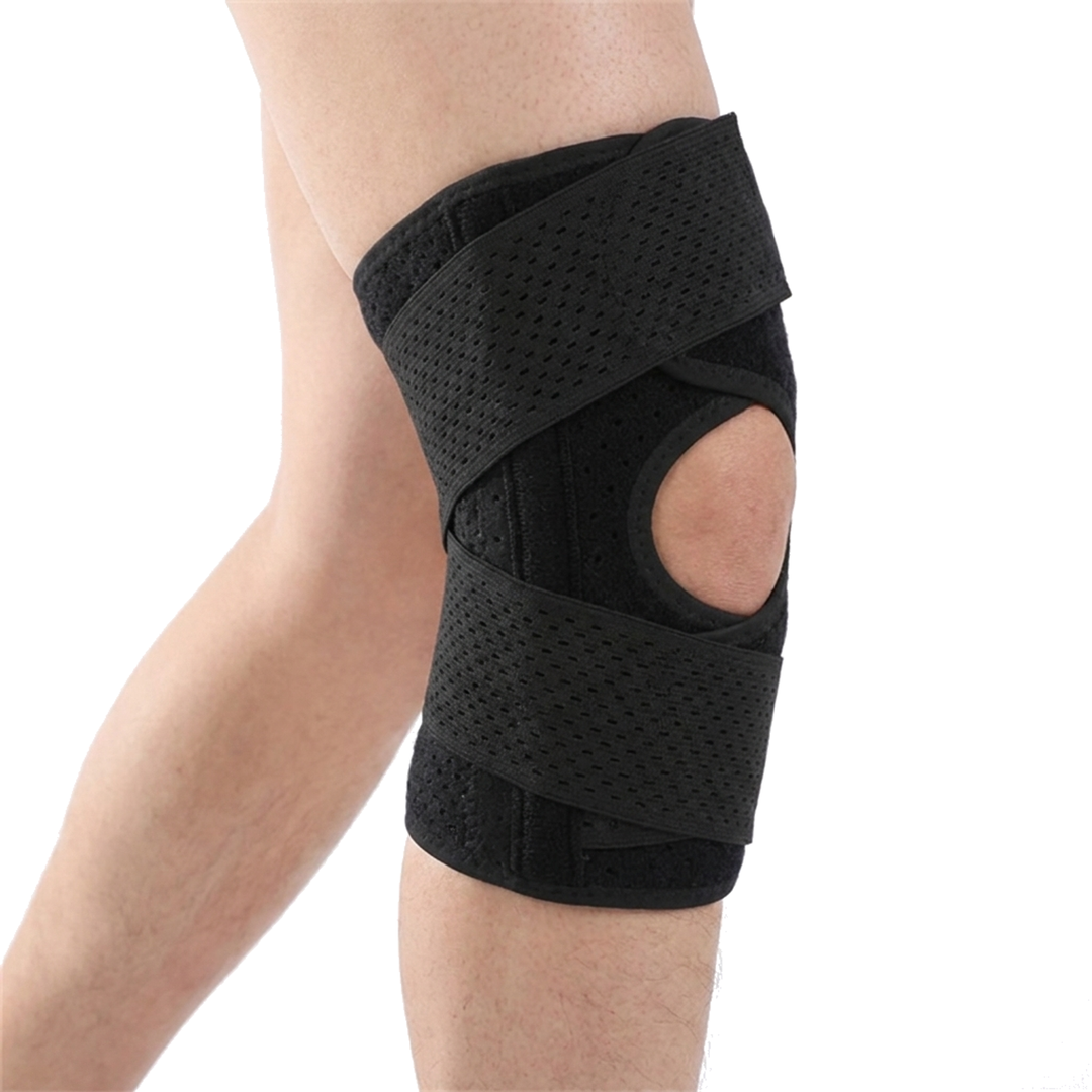 Cycling sports knee pad in black on the left knee, open patella wrap