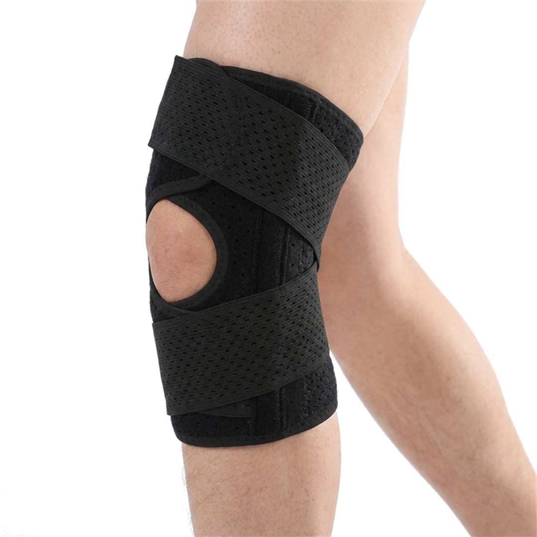 Cycling sports knee pad in black on the right knee, open patella wrap