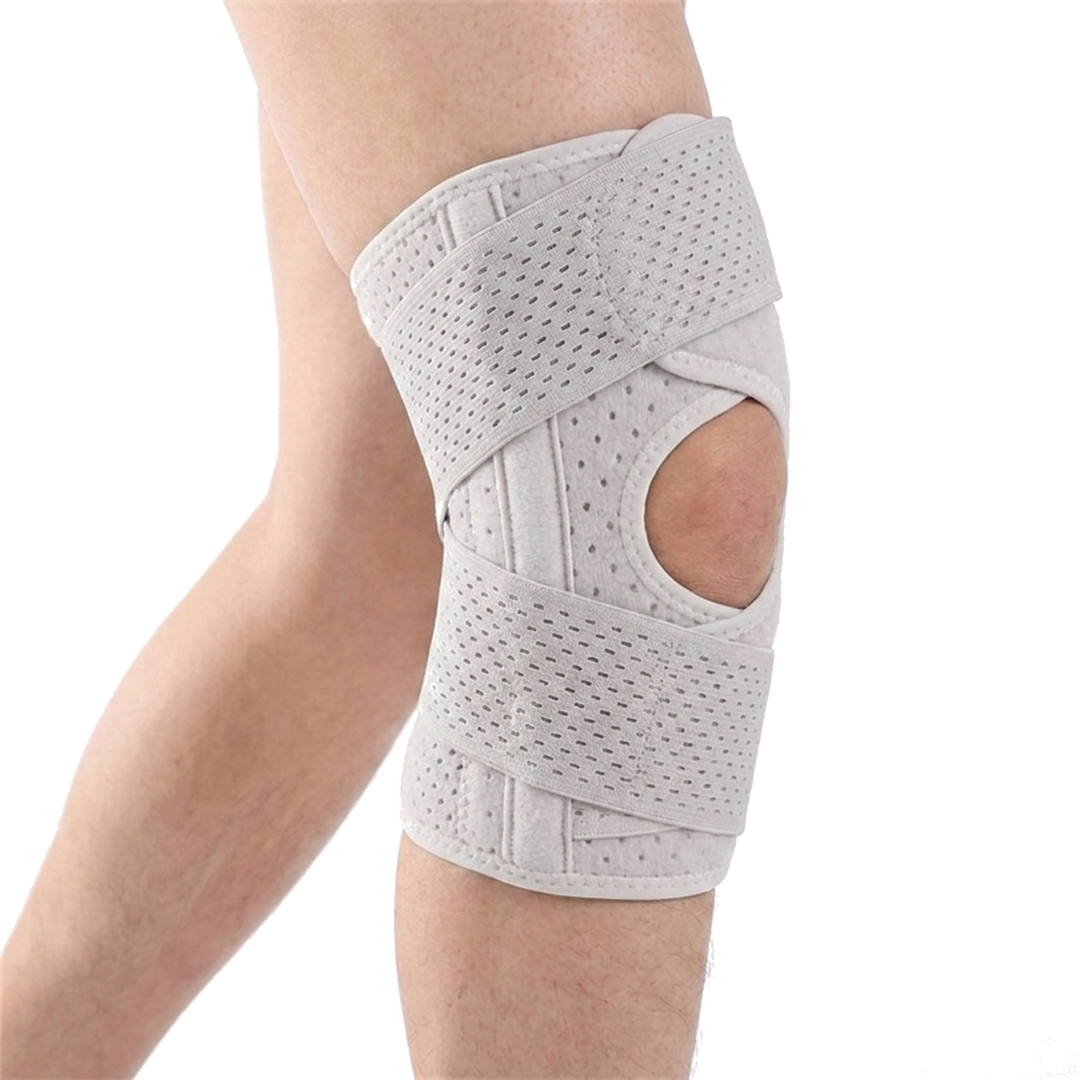 Cycling sports knee pad in white on the left knee, open patella wrap