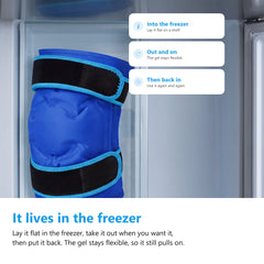 Blue knee ice pack gel sleeve lying flat on a shelf inside an open freezer drawer