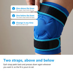 Close view of a hand peeling back the upper black strap of the blue knee ice pack gel sleeve worn on a knee