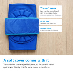 Overhead view of the blue knee ice pack gel sleeve laid flat with its soft cover across the padded front panel on a pale oak floor