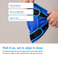 Two hands stretching the blue knee ice pack gel sleeve open by its hem against a plain grey background