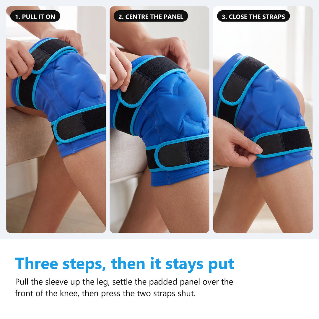 Three step panels showing the knee ice pack gel sleeve pulled on, the padded panel centred over the knee and the lower strap pressed shut