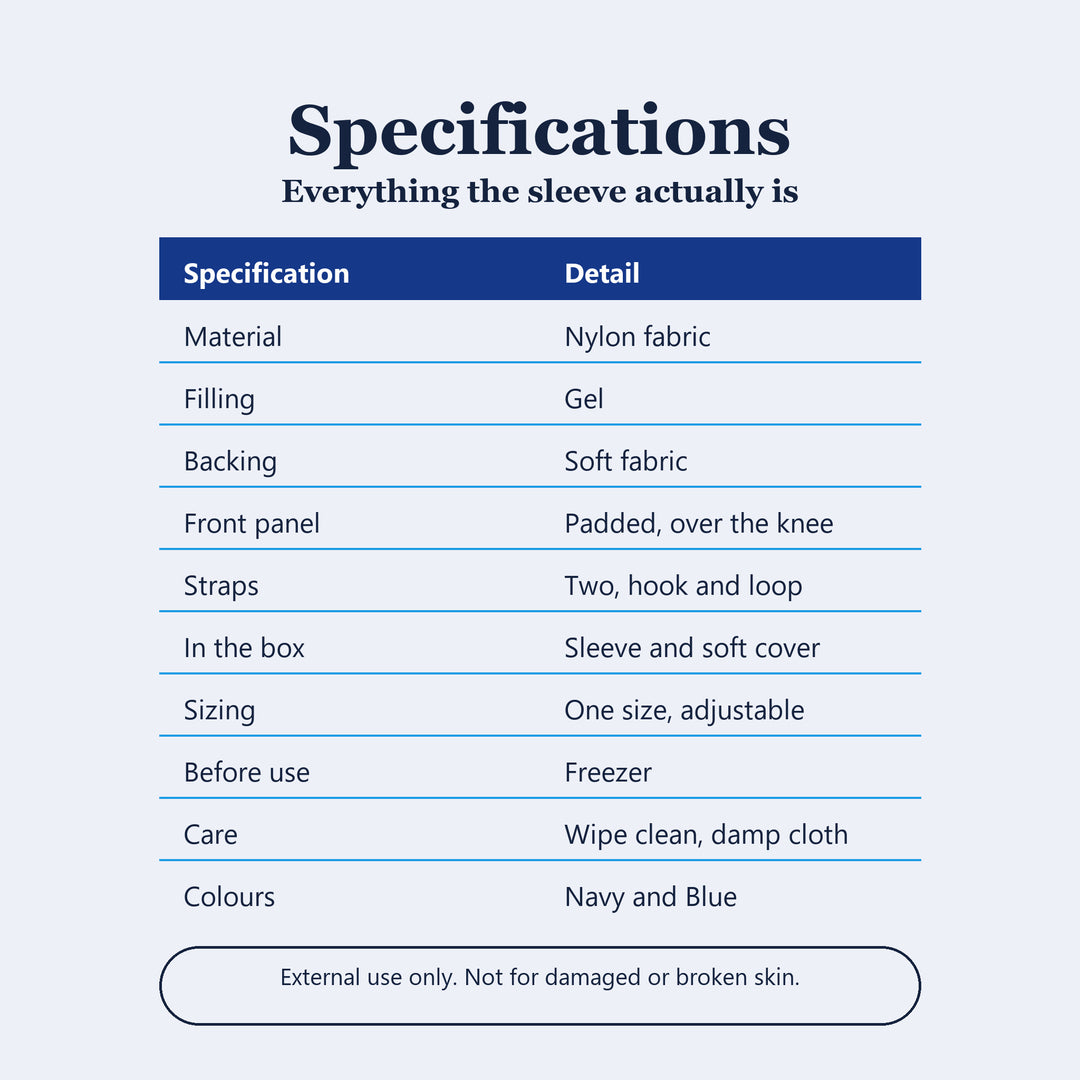Specification table for the knee ice pack gel sleeve listing material, filling, backing, front panel, straps, box contents, sizing, freezer use, care and colours