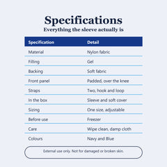 Specification table for the knee ice pack gel sleeve listing material, filling, backing, front panel, straps, box contents, sizing, freezer use, care and colours