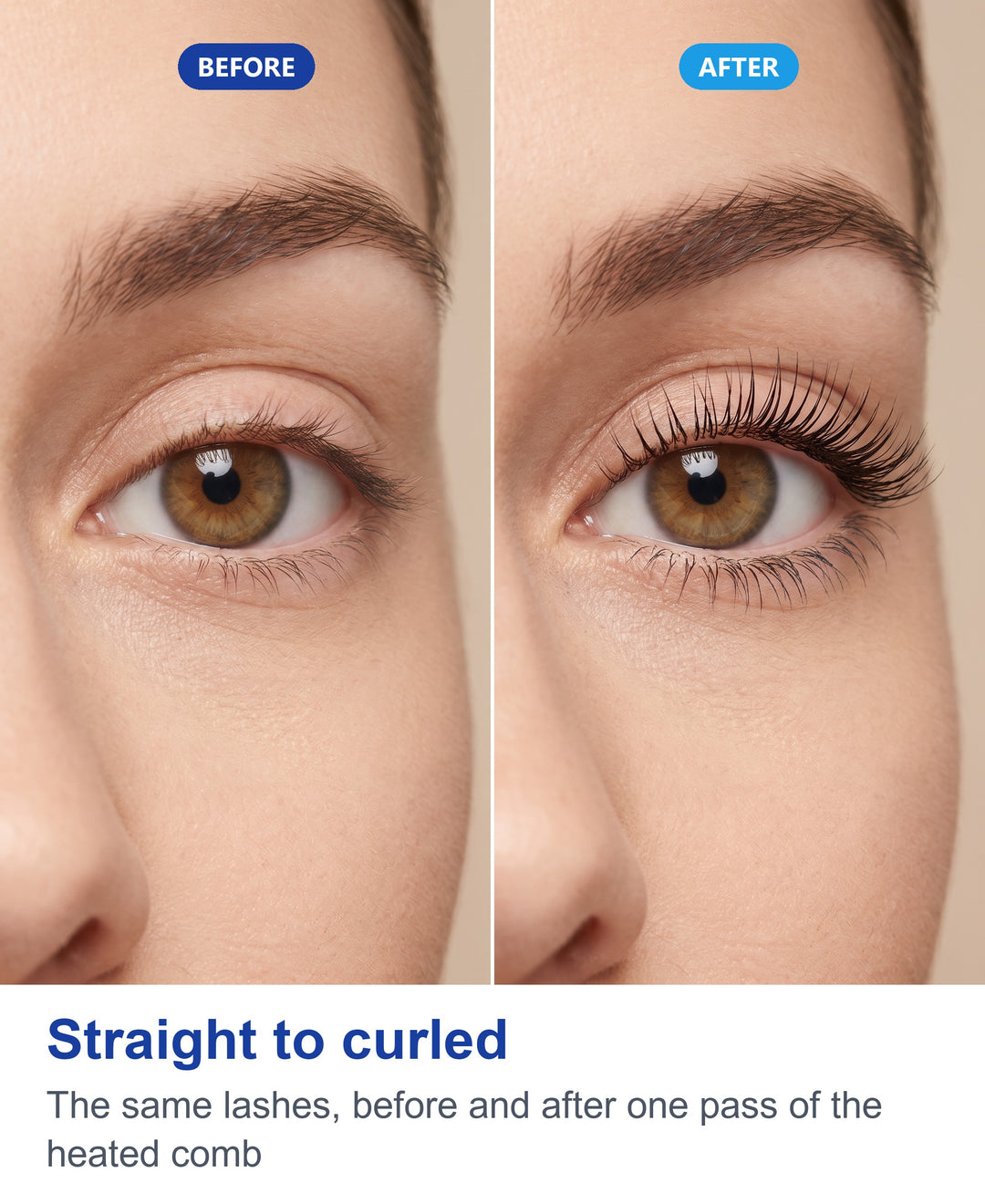 Before and after close-up of the same eye showing straight, flat eyelashes and then curled, lifted eyelashes after using the heated eyelash curler