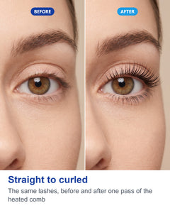 Before and after close-up of the same eye showing straight, flat eyelashes and then curled, lifted eyelashes after using the heated eyelash curler