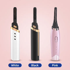 White, Black and Pink rechargeable heated eyelash curlers side by side, colour names labelled on each unit