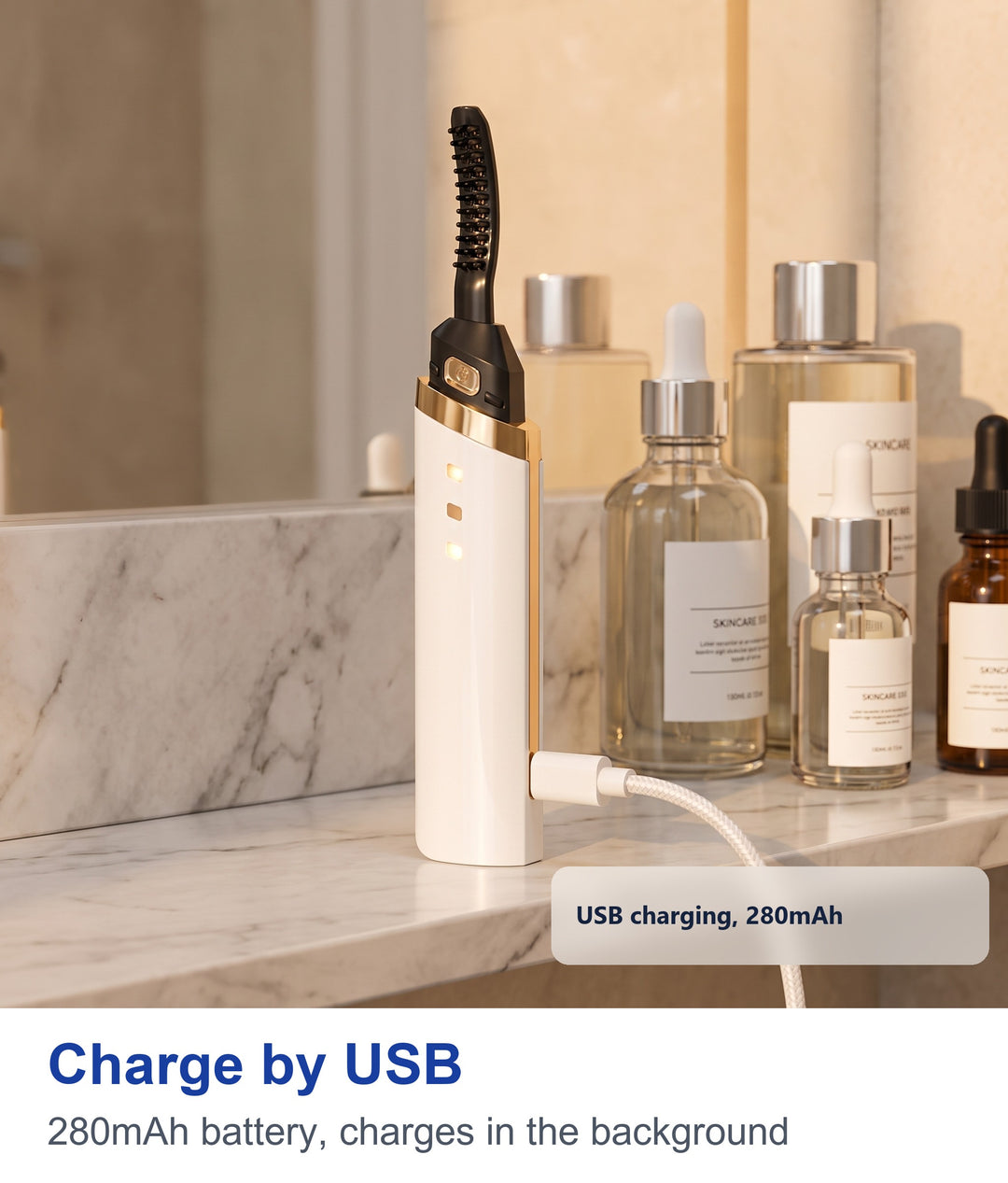 Charge by USB: 280mAh battery, charges in the background