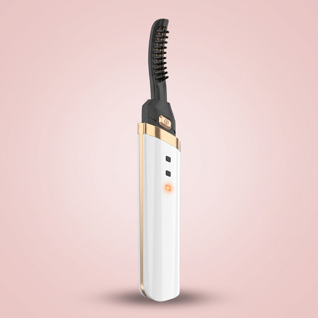 White rechargeable heated eyelash curler with a curved comb head