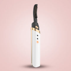 White rechargeable heated eyelash curler with a curved comb head