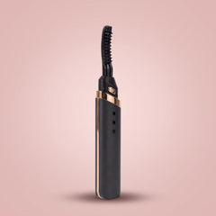Black rechargeable heated eyelash curler with a curved comb head