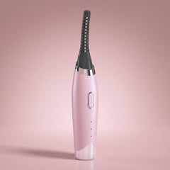 Pink rechargeable heated eyelash curler with a curved comb head