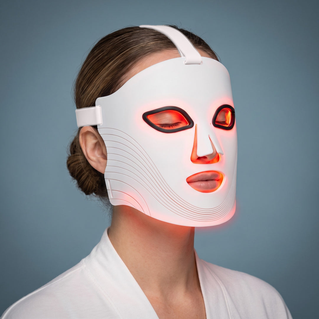 Woman wearing the white flexible silicone LED face mask