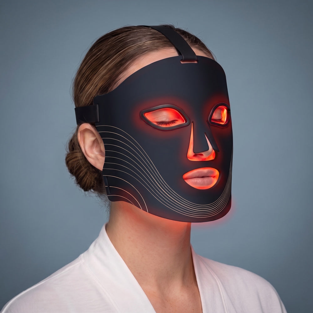 Woman wearing the black flexible silicone LED face mask