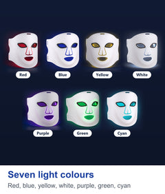Seven white LED face masks, each glowing in one light colour: red, blue, yellow, white, purple, green and cyan