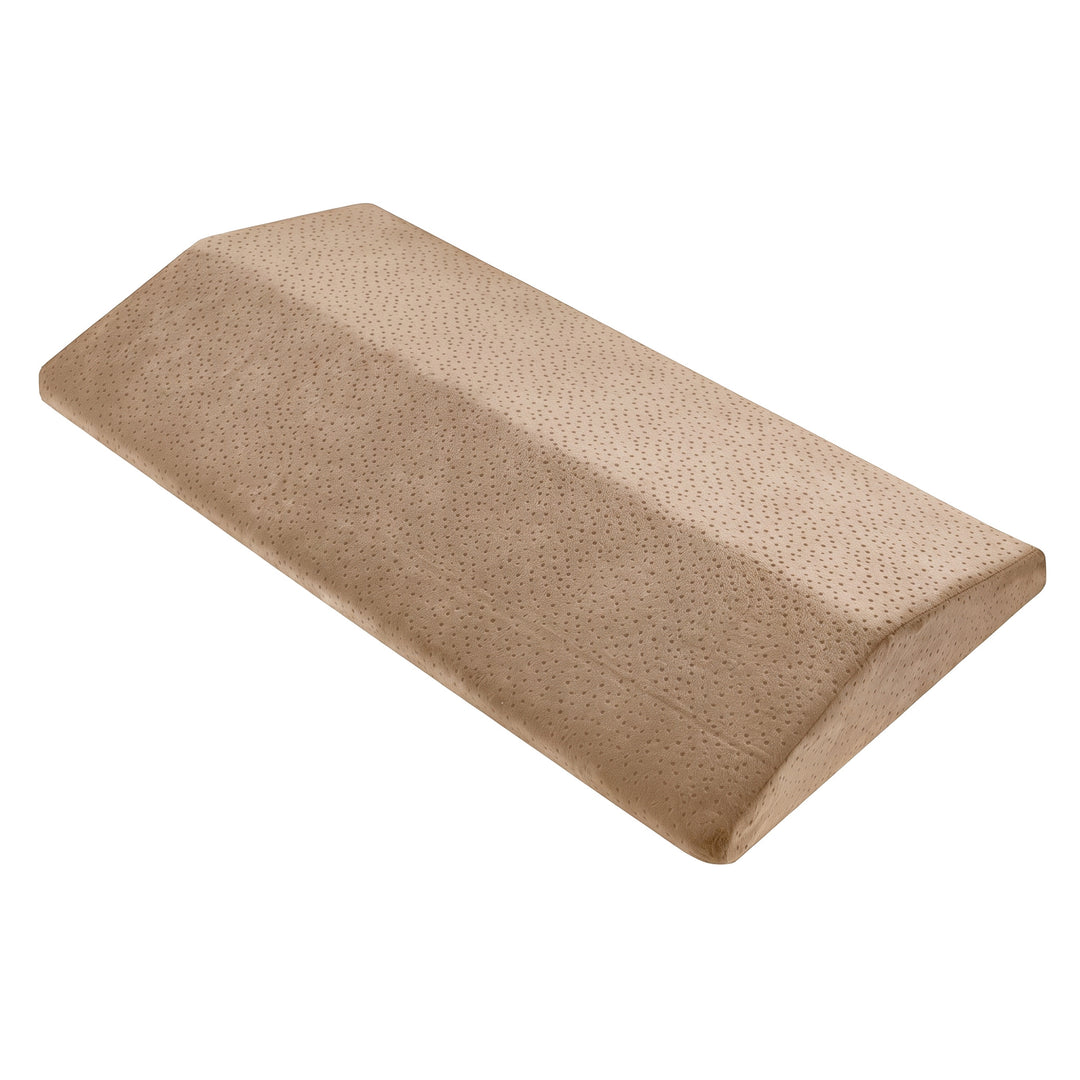 Beige triangle wedge lumbar support pillow with a dotted velvet cover, shown on a plain white background