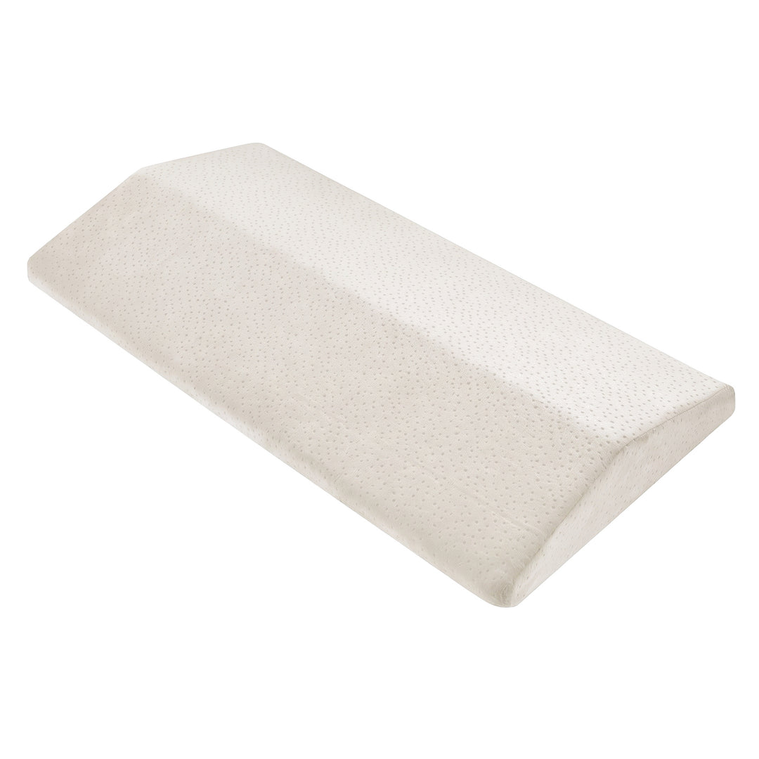 White triangle wedge lumbar support pillow with a dotted velvet cover, shown on a plain white background