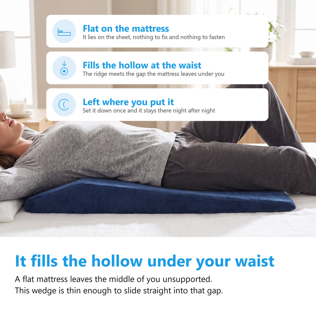 Woman lying on her back on a bed with the navy velvet wedge cushion flat on the mattress under the small of her back